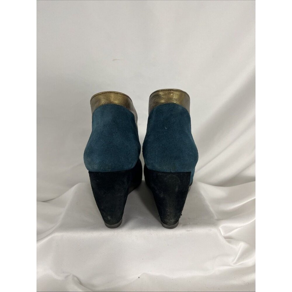 Fly London Teal, Black & Metallic Gold Suede Wedge Booties - Picture 7 of 11
